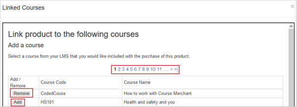 The courses linked to a product with the Remove and Add buttons visible