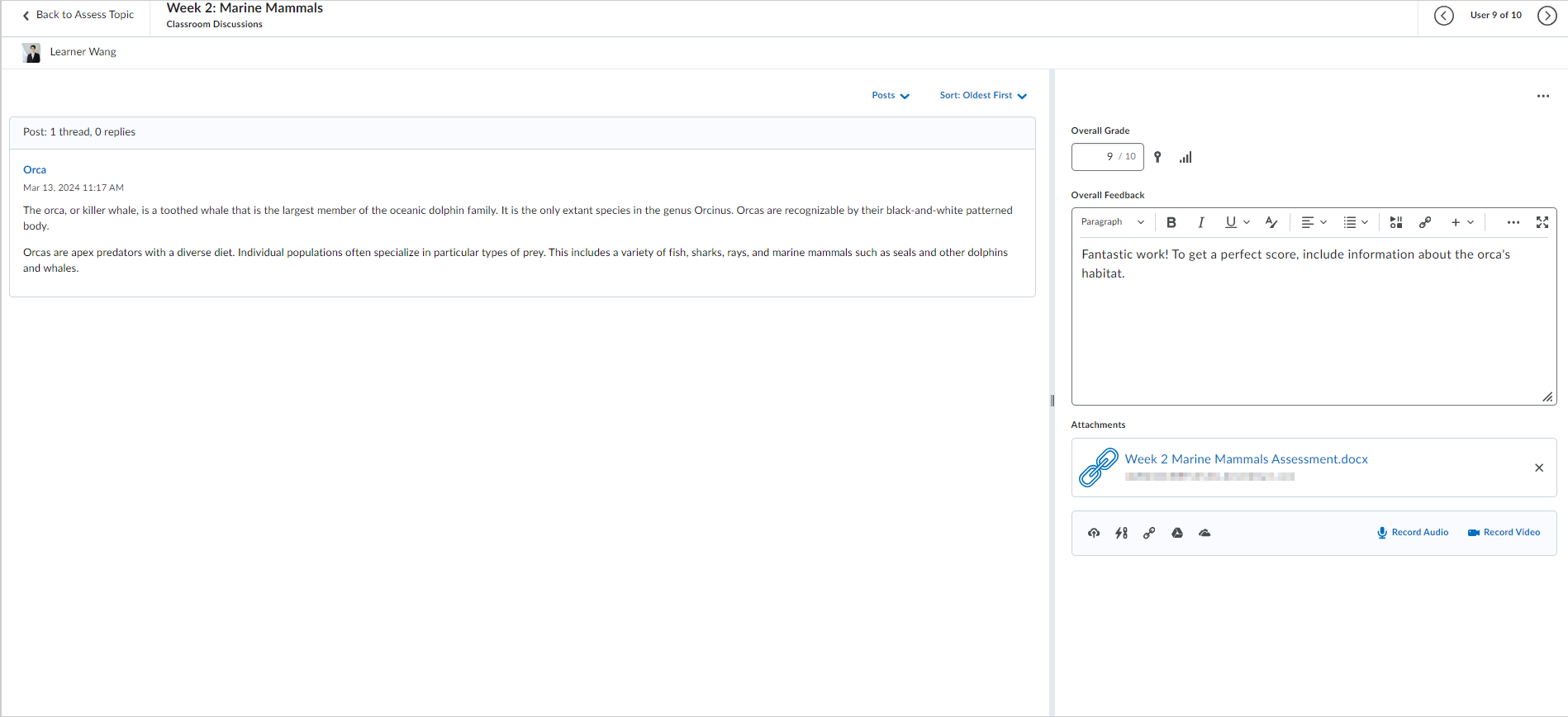 The discussion evaluation experience showing the Overall Grade and Overall Feedback fields and the Attachments section