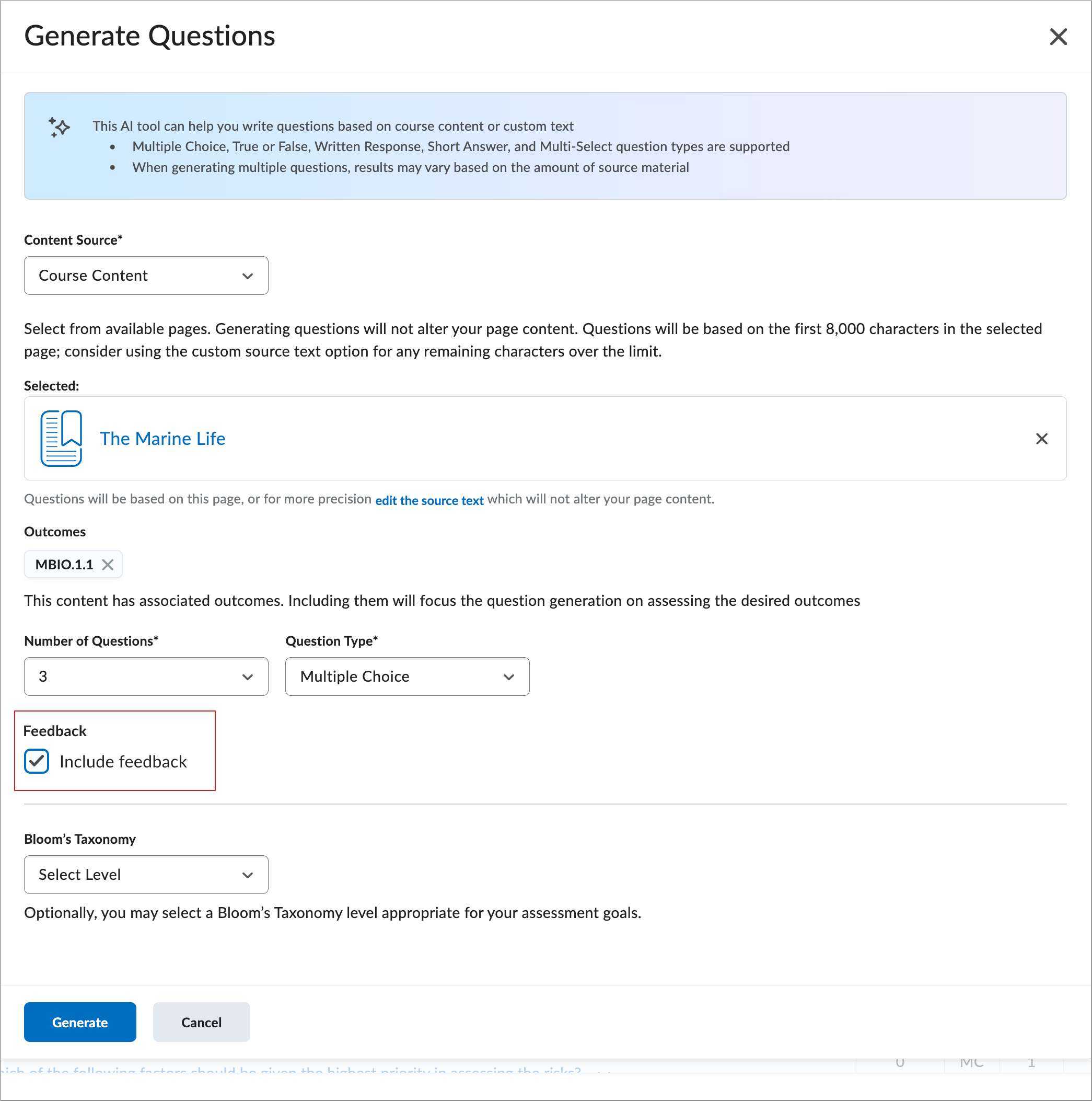 Generate Questions screen with Include feedback checkbox selected