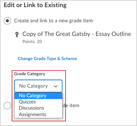 The Grade Category option.