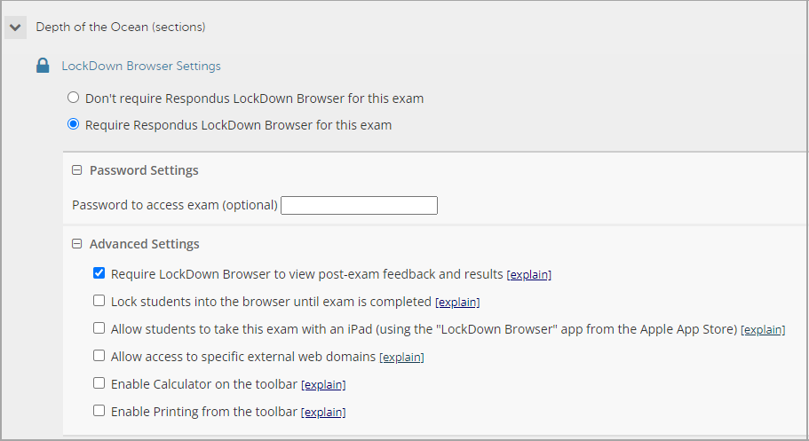 Expanding the Advanced Settings option reveals additional settings, including settings for viewing post-exam feedback, remaining in the browser until the exam is complete, using an iPad, access to specific web domains, calculator, and printing.