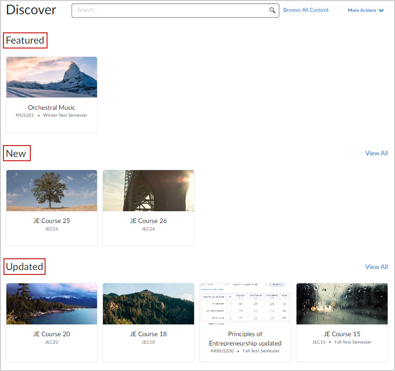 Courses organized by New and Updated sections on the Discover homepage