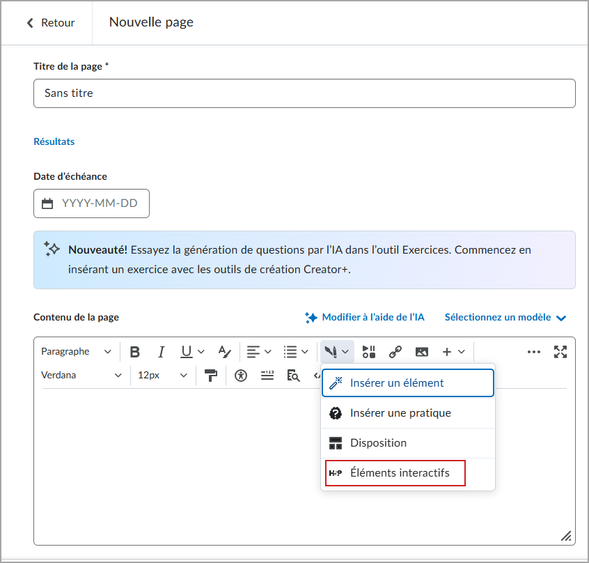 L'éditeur de la page Creator+ présente les options offertes pour créer et gérer le contenu interactif H5P.