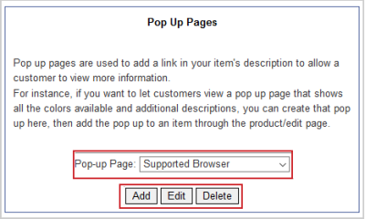 La section Pages contextuelles affiche le menu de sélection de la page contextuelle et les boutons Ajouter, Modifier et Supprimer