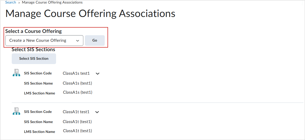 The Manage Course Offering Associations page of the IPSIS Section Association tool. Create a new Course Offering is selected and Go is highlighted.