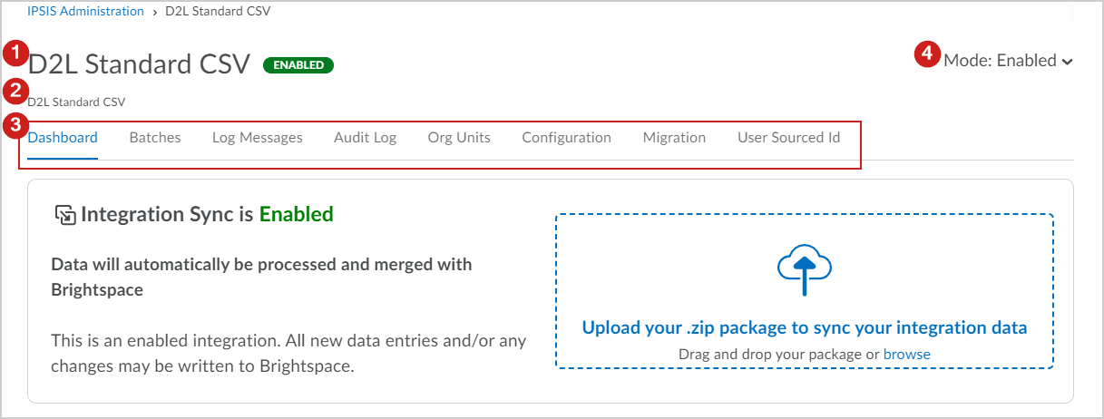 An overview of the IPSIS Administration page for D2L Standard CSV integration.