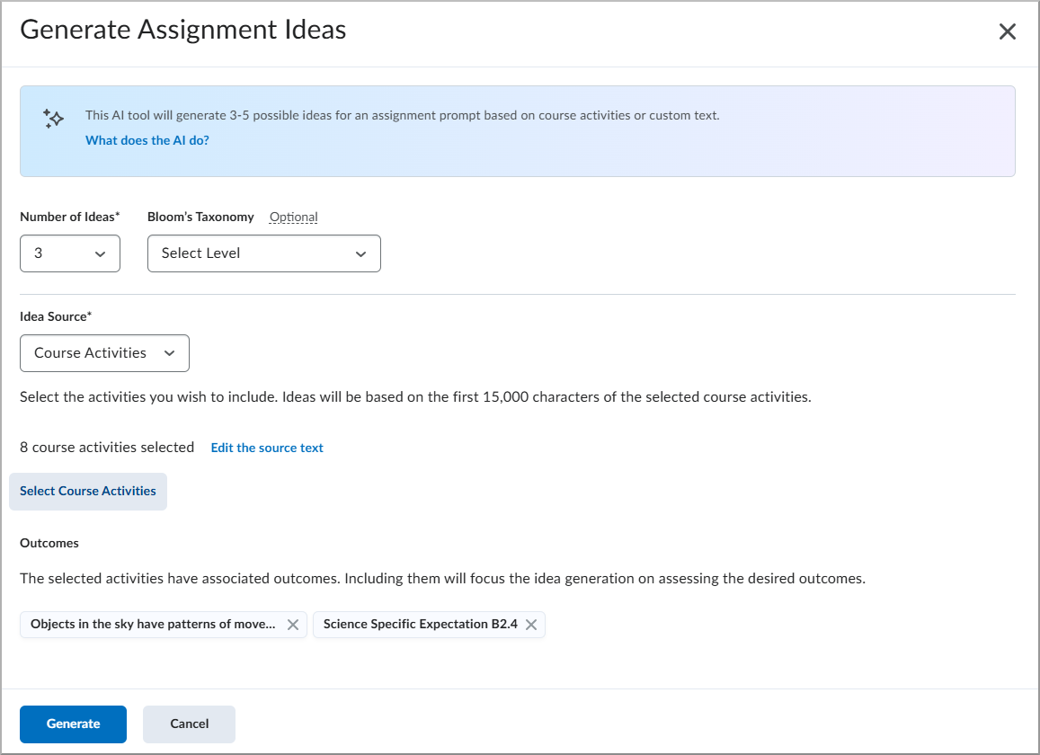 Generate ideas dialogue with Course Activities selected and Generate highlighted.