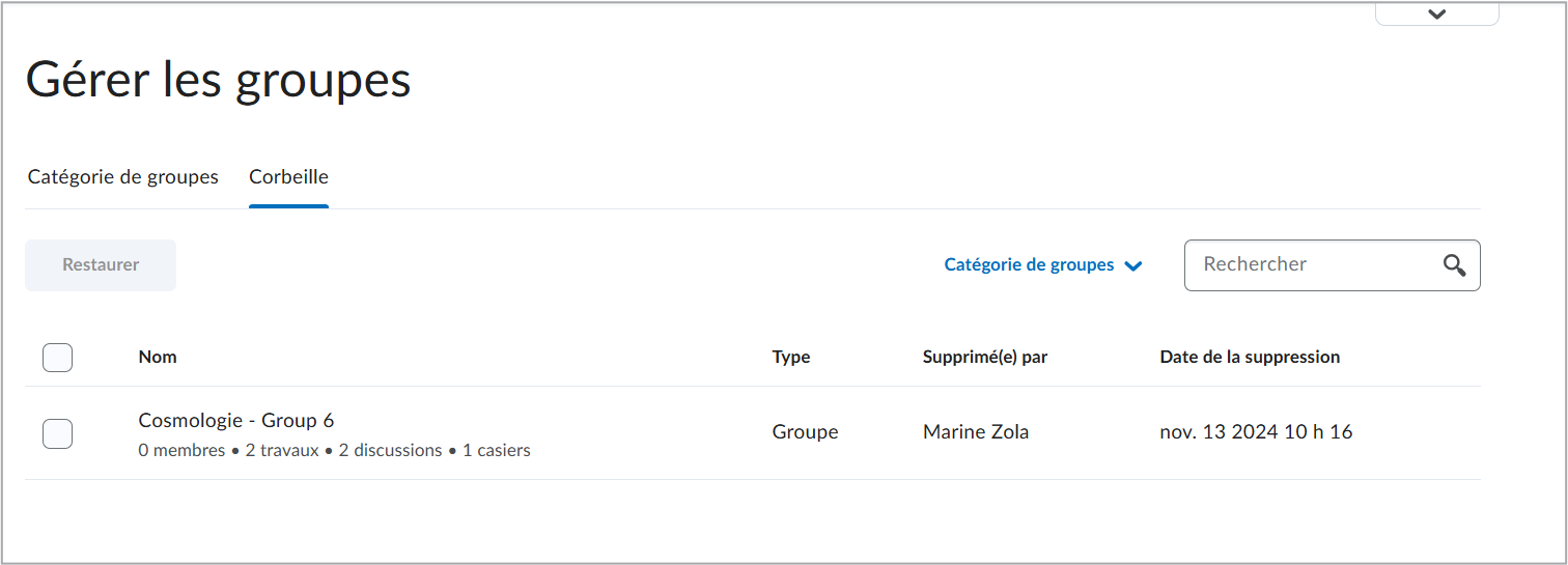 La page Gérer le groupe avec l'onglet Corbeille sélectionné, montrant les catégories et les groupes de groupes supprimés avec leur type, l'utilisateur supprimé et la date de suppression.