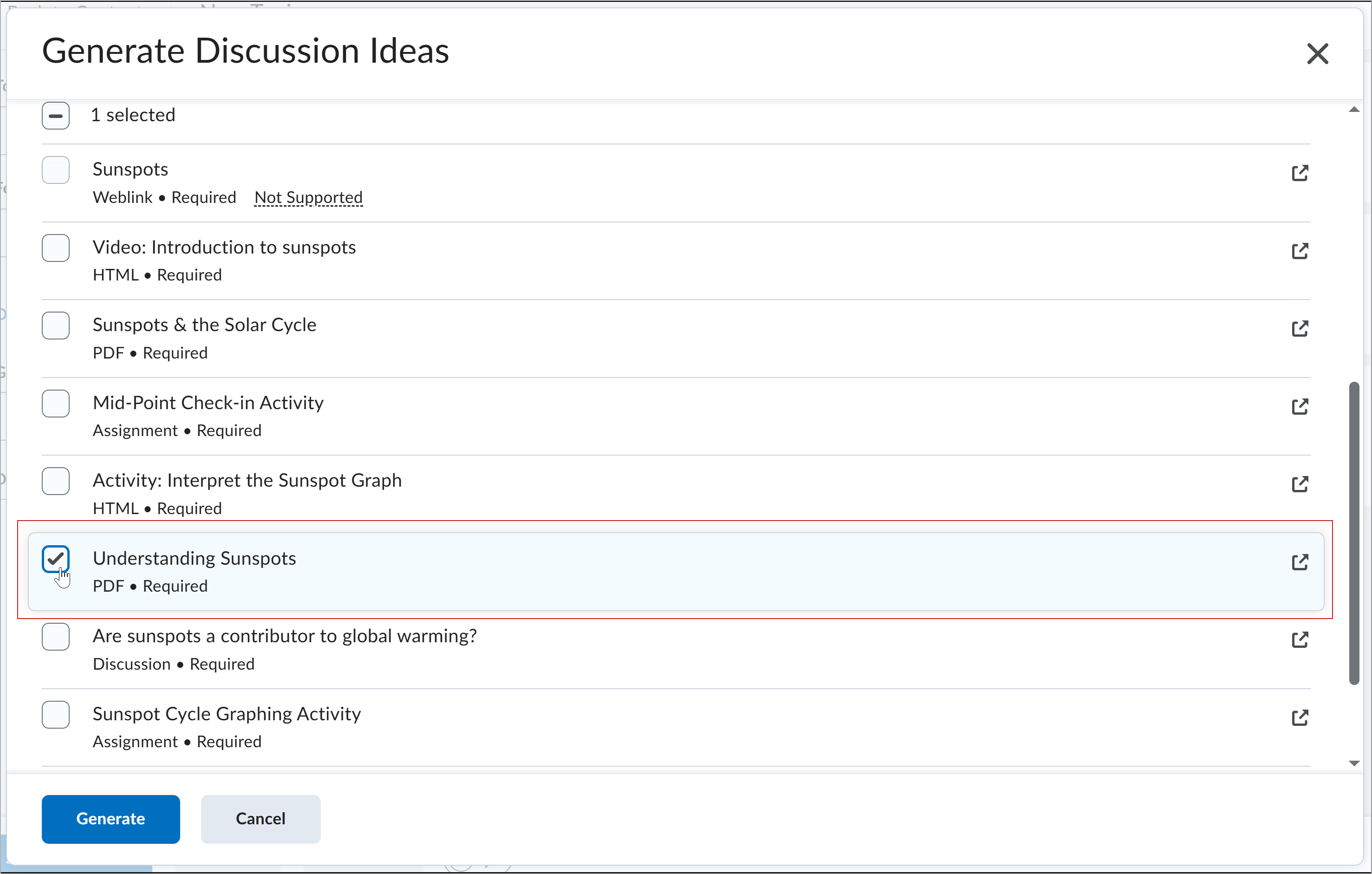 Generate ideas window with PDF selected