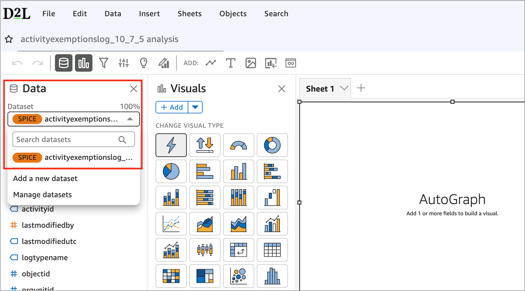 Analytics Builder analysis page showing Dataset dropdown with available datasets listed and a search option.