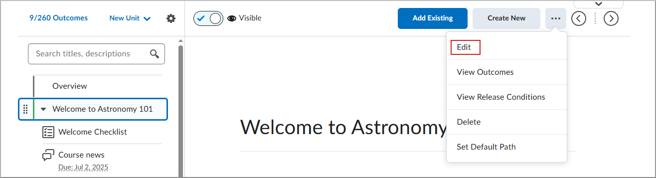 Dropdown menu for a content topic with Edit option highlighted