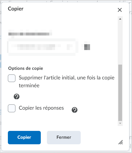 La boîte de dialogue Copier comprend les options de copie et la case Copier les réponses.