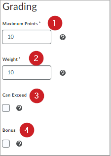 Grading properties, including Maximum Points, Weight, Can Exceed, and Bonus.