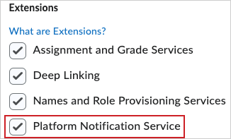 Image de la section Extensions dans laquelle le Service de notification de la plateforme est sélectionné.