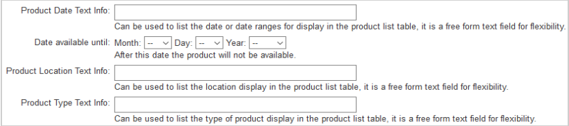 Os campos Data do produto e Tabela do produto