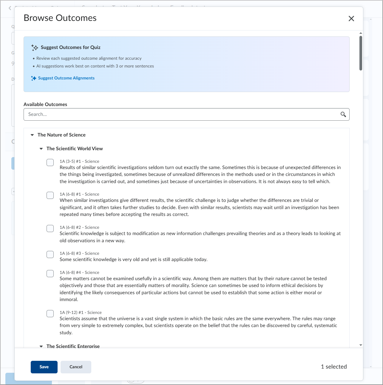 Browse Outcomes window for a quiz showing available outcomes categories.