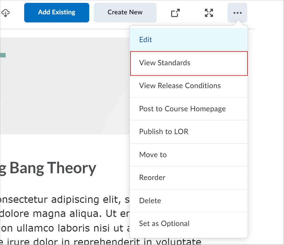 The Options (...) menu for a unit showing the View Standards option.