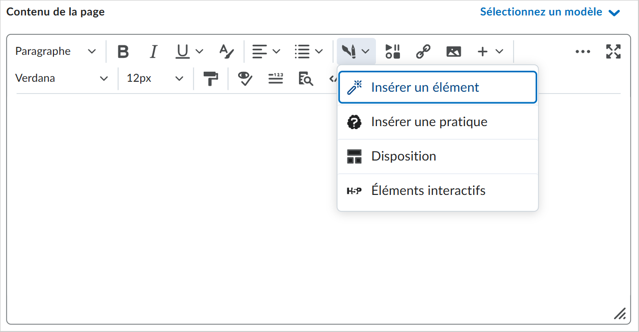 La barre d'outils de l'Éditeur de Brightspace dans laquelle le menu déroulant Insérer est développé, et qui comprend les options Insérer un élément, Insérer un exercice, Mises en page et Éléments interactifs.