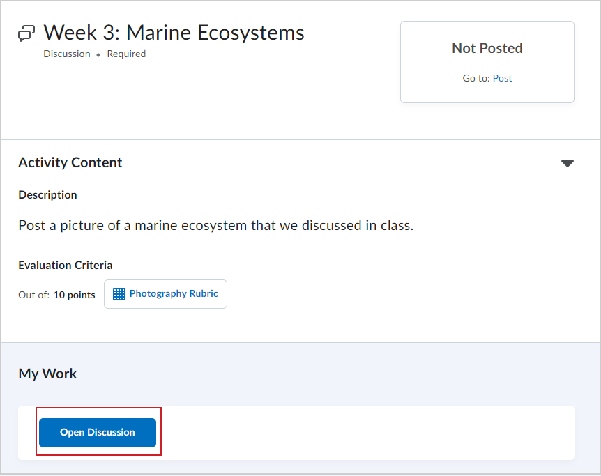 O botão Abrir discussão na seção Meu trabalho de um módulo de atividade de discussão