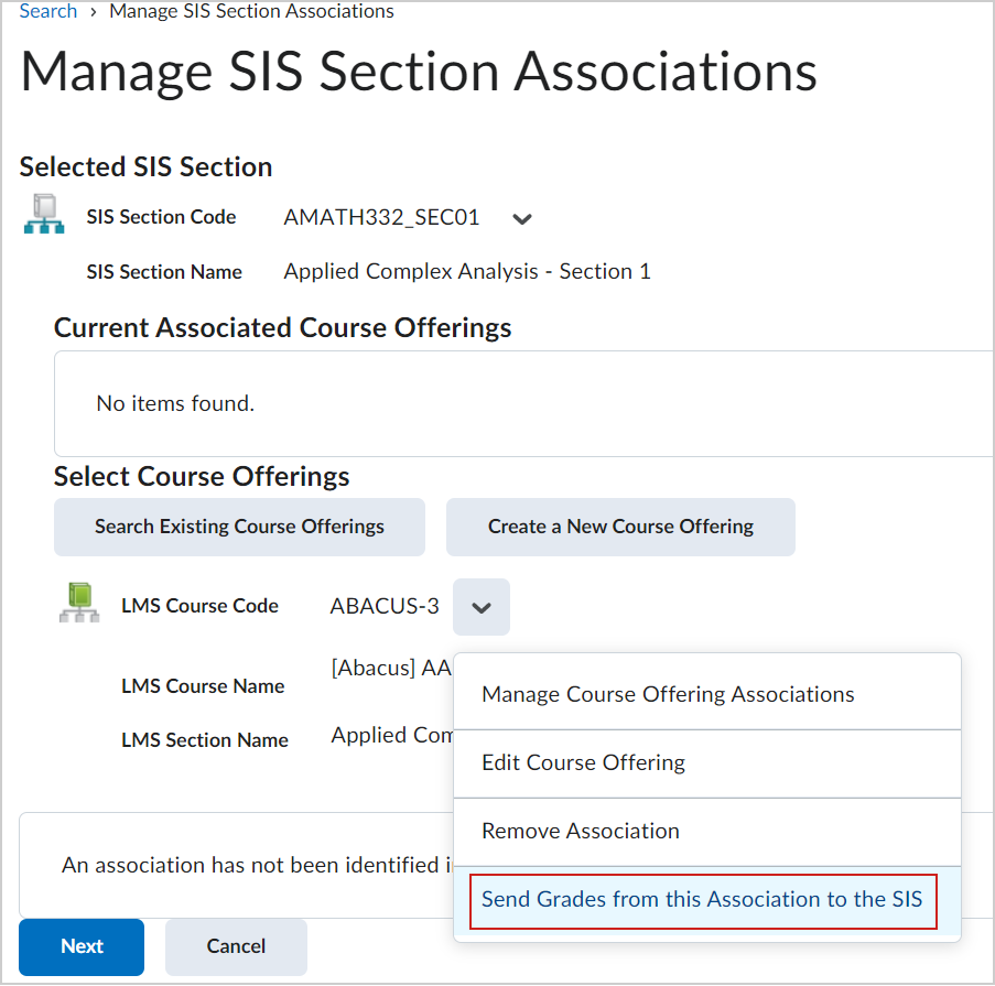 The Send Grades from this Association to the SIS option.