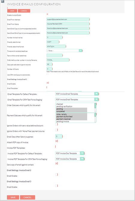 The Invoice Emails Configuration section with the Save button below