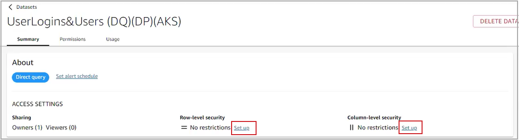 The Set up link for Row-level and Column-level security is highlighted.