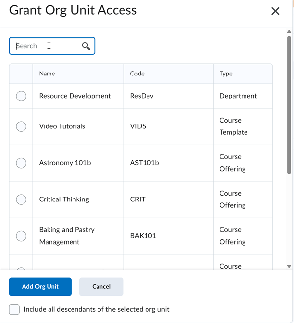 Options for granting a Service User access to org units Grant Org Unit Access page