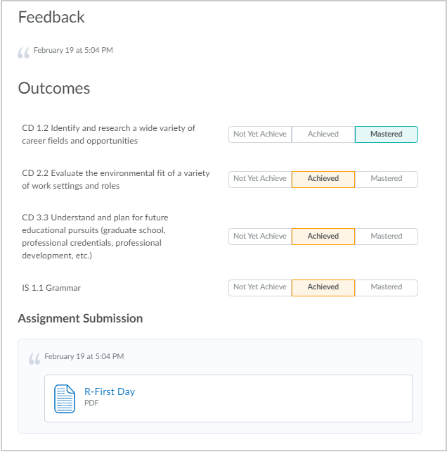 The bottom of the details page containing feedback, achievement scales, and the assignment submission.