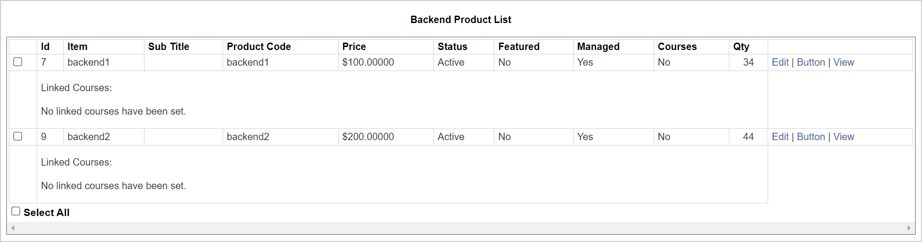 A Lista de produtos de back-end que mostra os produtos vinculados aos cursos