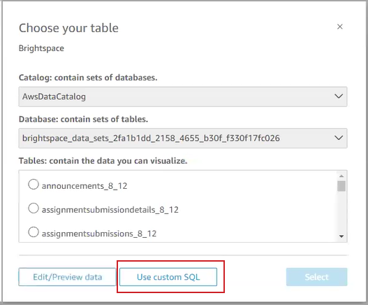 من مربع الحوار هذا، يمكنك اختيار تحرير البيانات ومعاينتها، أو استخدام استعلام SQL مخصص باستخدام الأزرار الموجودة أسفل مربع الحوار.