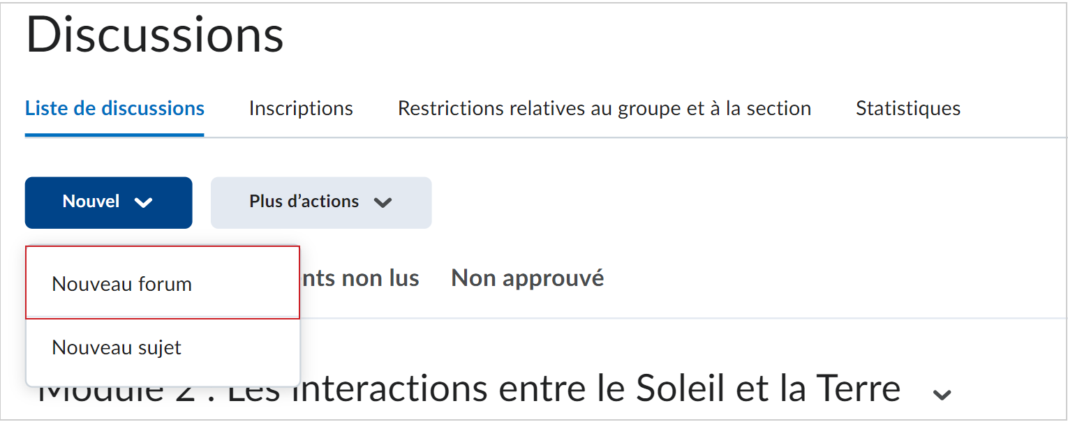 L'option Nouveau forum de la page Discussion.