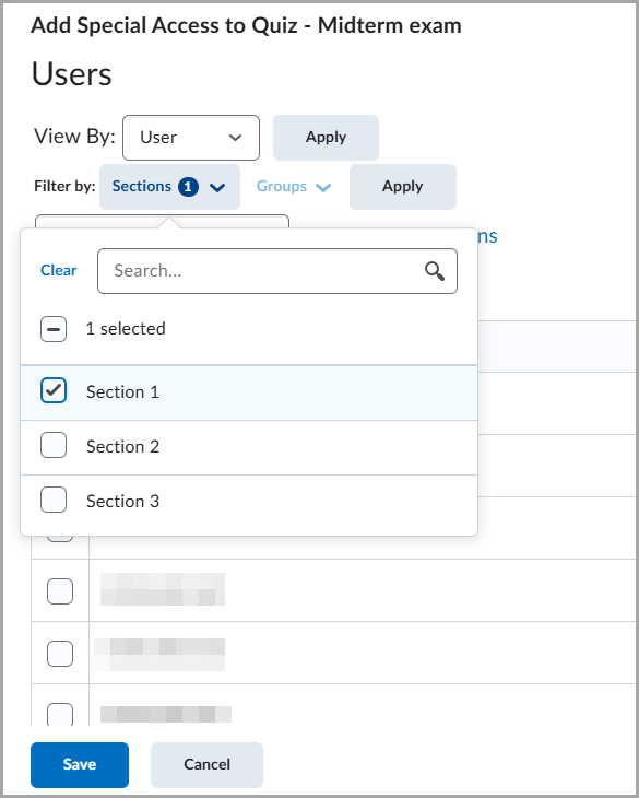 Add Special Access page showing the Sections filter with one section selected.