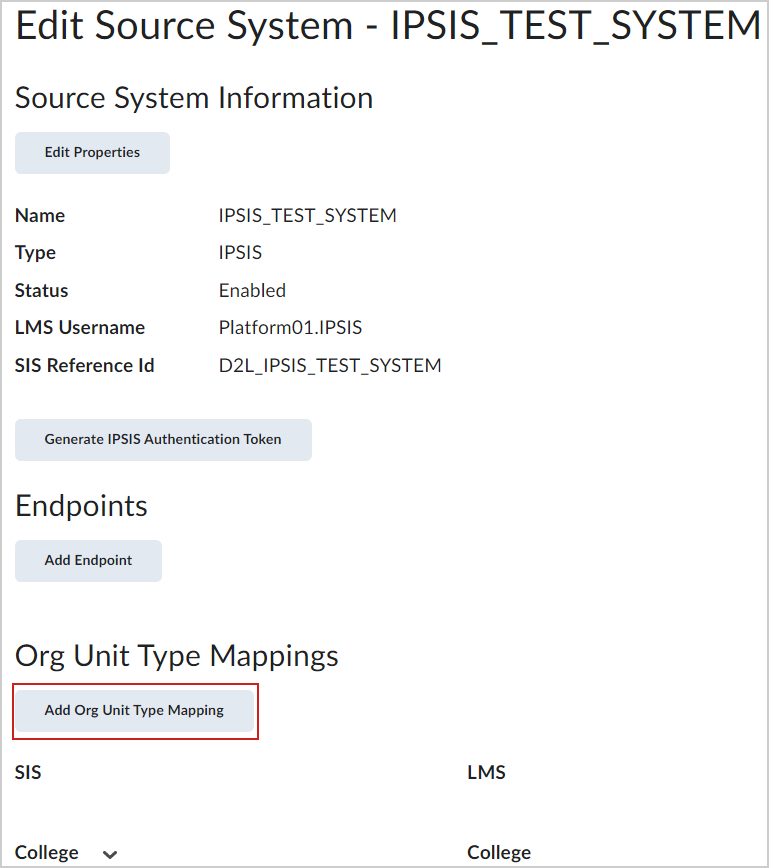 The Add Org Unit Type Mapping button on the Edit Source System page.