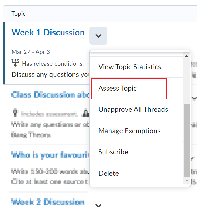 O menu Ações de um tópico de discussão mostrando a opção avaliar tópico.