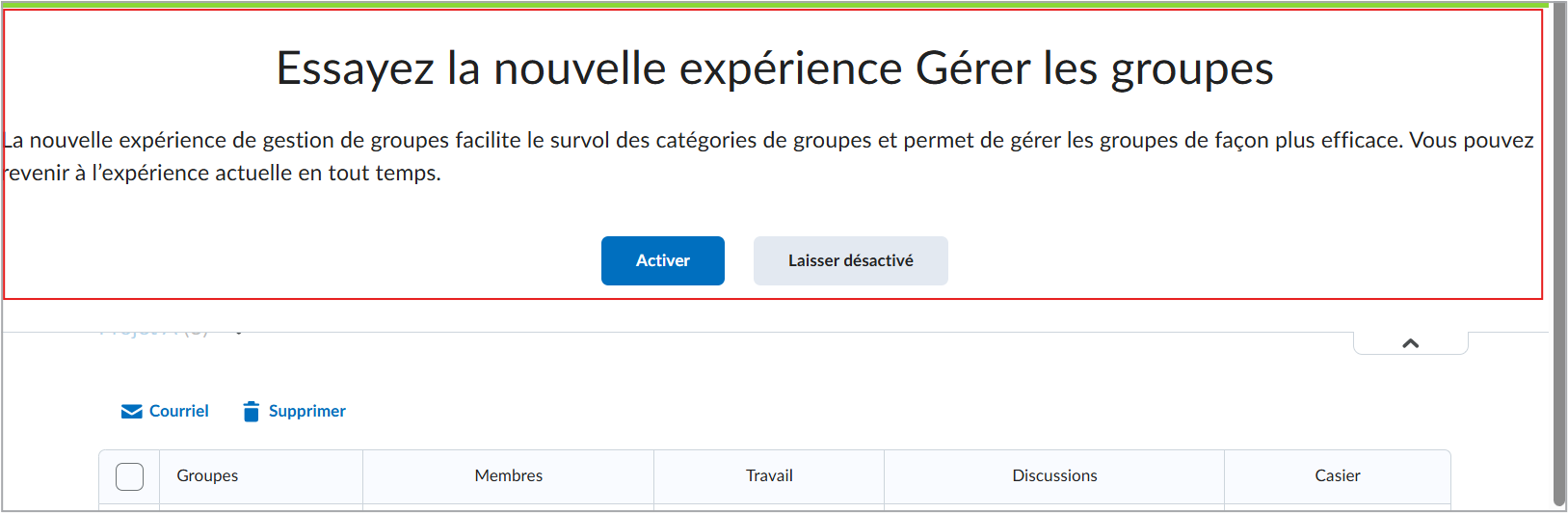 La page d'inscription à Gérer les groupes, qui invite les utilisateurs à essayer la nouvelle expérience Gérer les groupes.