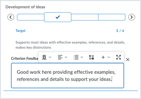 Instructeurs kunnen met Brightspace® Editor feedback bewerken in het tekstvak Criteriumfeedback
