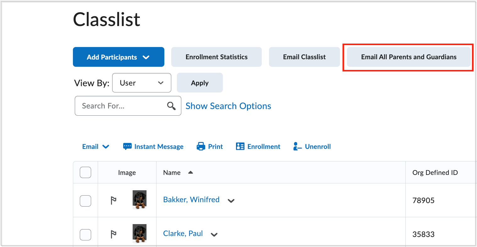 Email All Parents and Guardians button in Classlist if teacher has email access