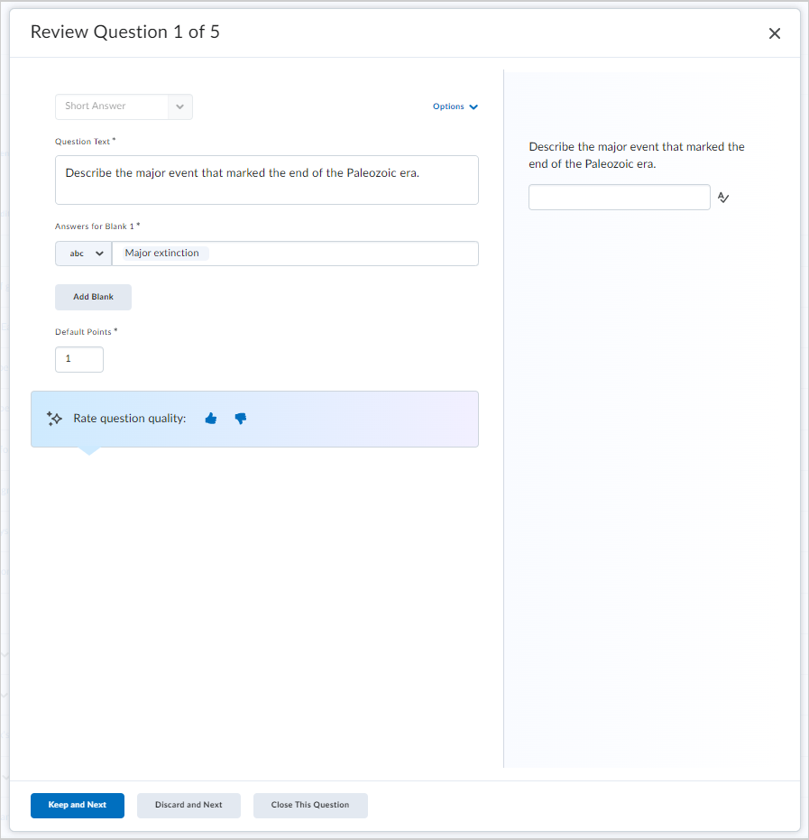 The Keep and Next and Discard and Next options for a multiple choice question