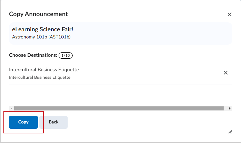 The Copy button is highlighted on the Copy Announcement window