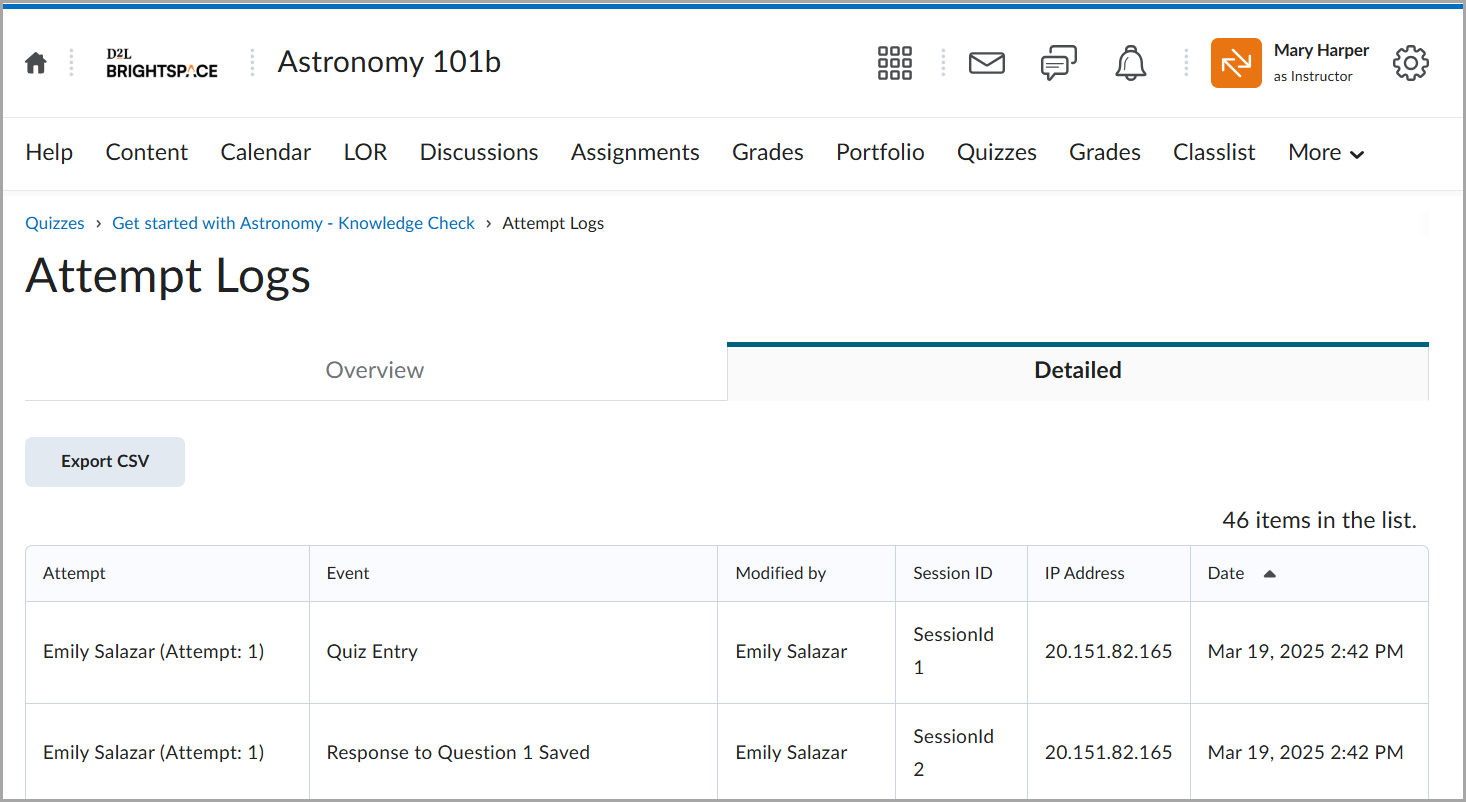 An example of the Detailed tab in Attempt Logs.