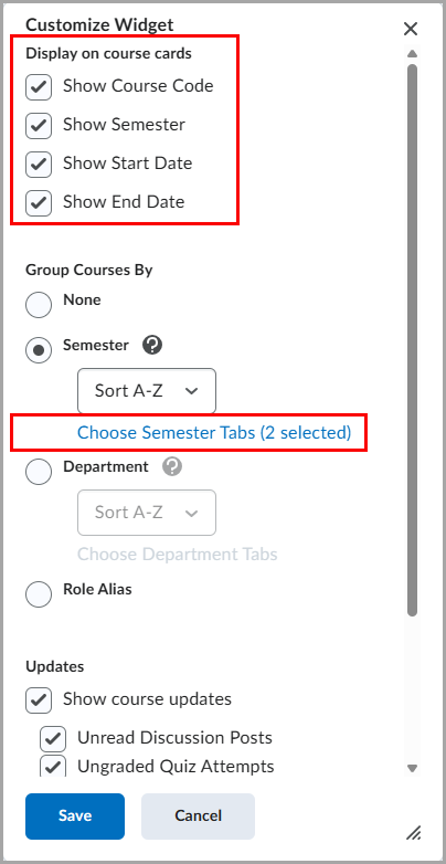 Personalize as configurações do widget para exibir as opções Selecionar Abas de Semestre e Selecionar Abas de Departamento, com as configurações de Exibir nos cartões do curso agrupadas.