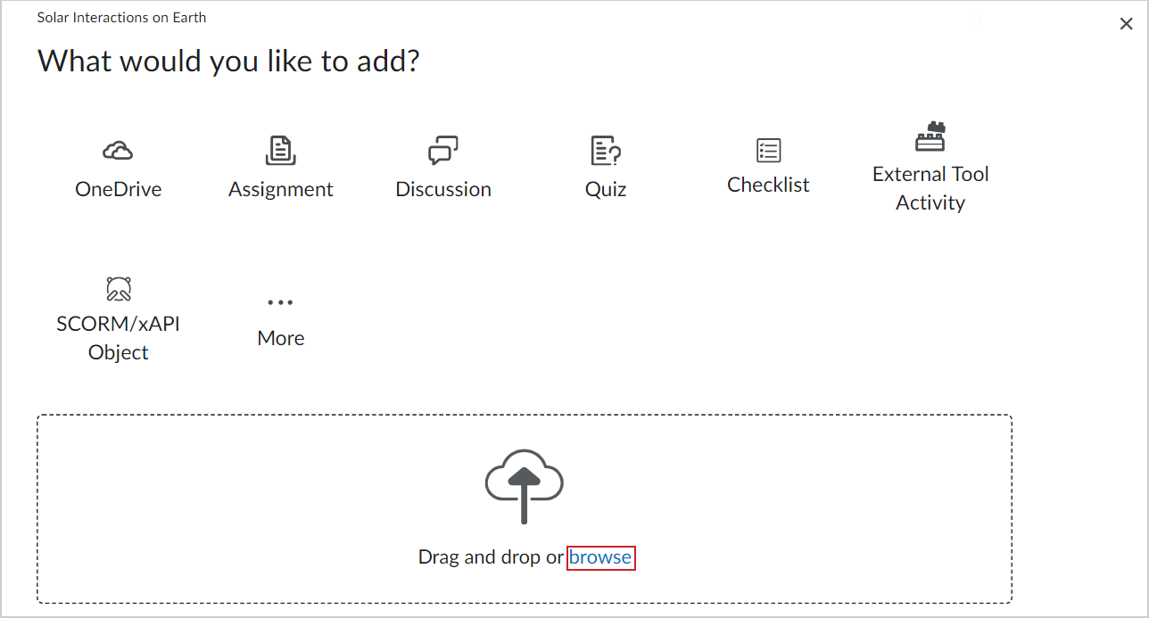 Se muestra la página ¿Qué le gustaría agregar? con el enlace examinar para archivos.