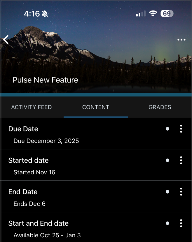 Aplicativo móvel Pulse mostrando o prazo, a data de início, a data final e a disponibilidade da guia Conteúdo.