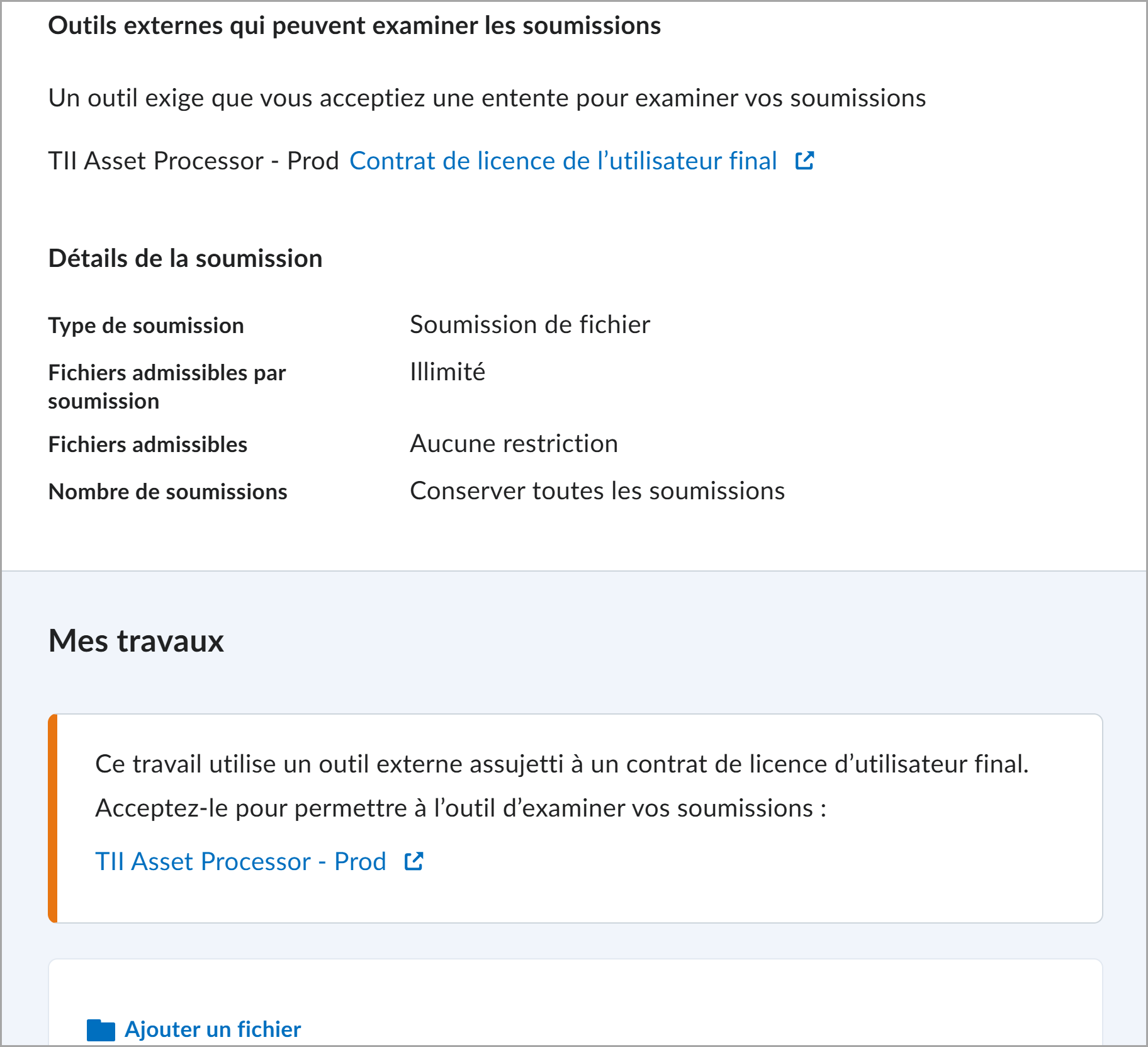Travail consulté par l’intermédiaire de l’outil Leçons, affichant les renseignements du CLUF du processeur dans la section Instructions et sous forme d’alerte intégrée.