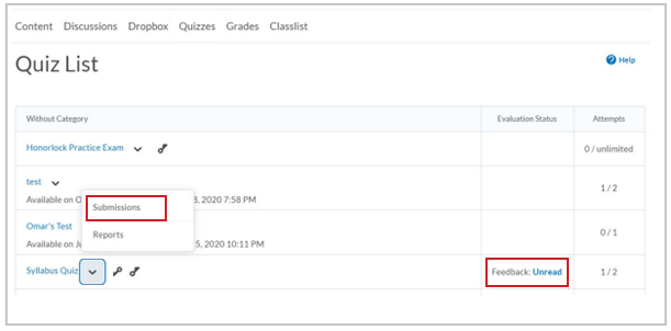 The drop-down menu next to a quiz and the Feedback: Unread option highlighted in Quiz List.