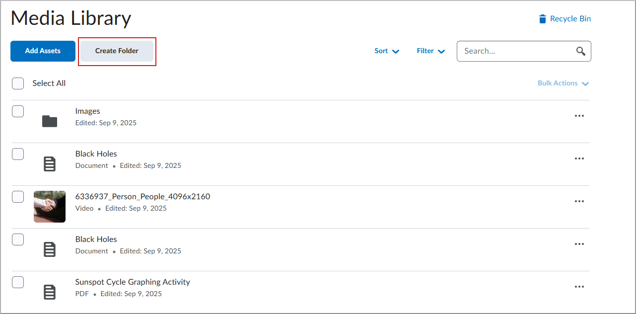 Tela Biblioteca de Mídia com a opção Criar pasta destacada.