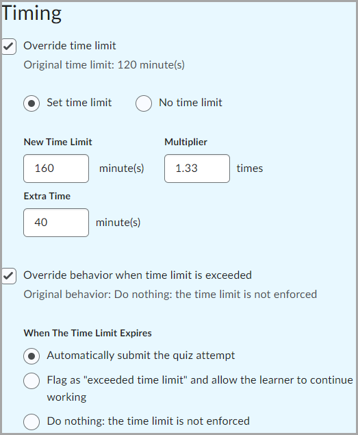 The Timing options in the Special Access settings section