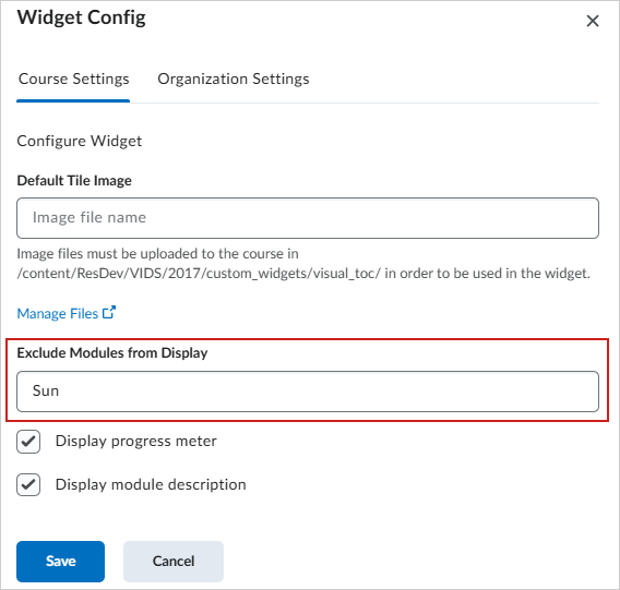 An image highlighting the Exclude Modules from Display field of the Course Settings tab.