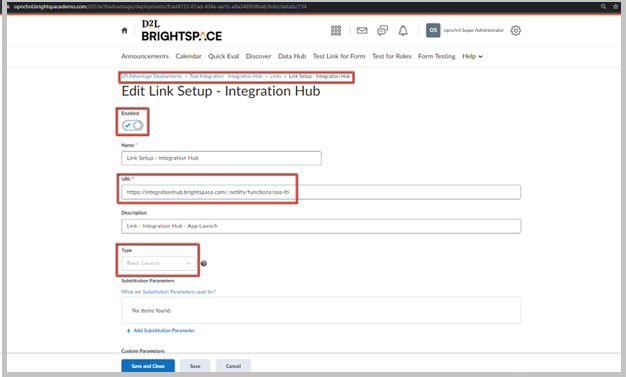 The Edit Link Setup page highlighting the  Enabled, URL, and Type fields.