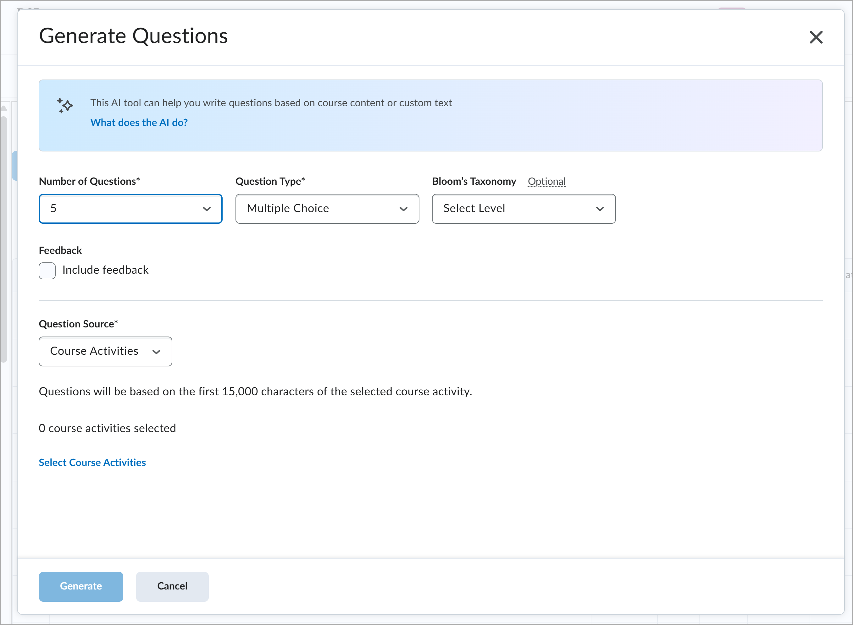 Cuadro de diálogo Generar preguntas que muestra las opciones de IA de Lumi para seleccionar contenido, tipo de pregunta, cantidad y nivel de Bloom.